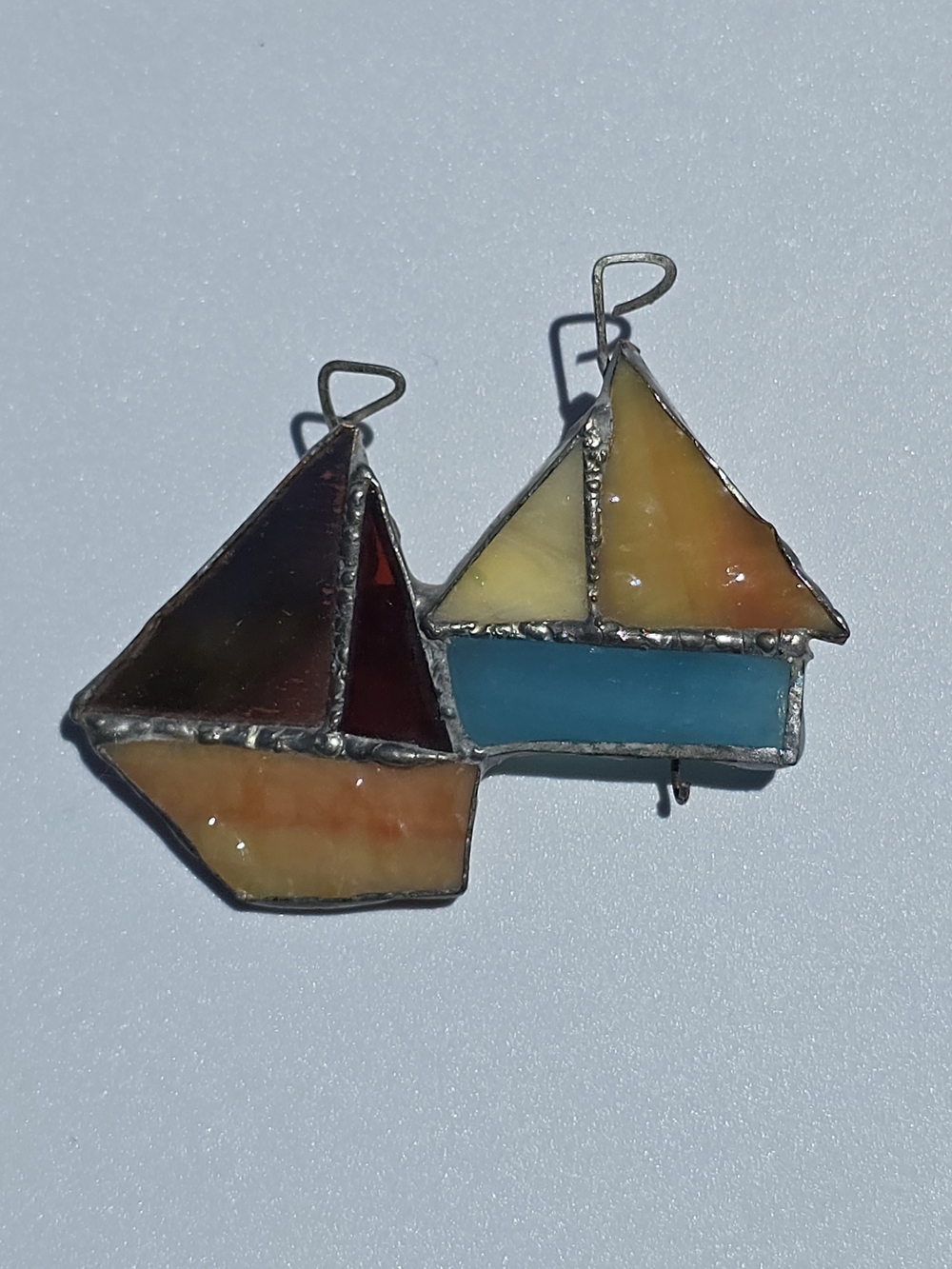 VTG Artisan Stained Glass Sailboat Brooch Nautical Handmade Pin Boat 2.5"